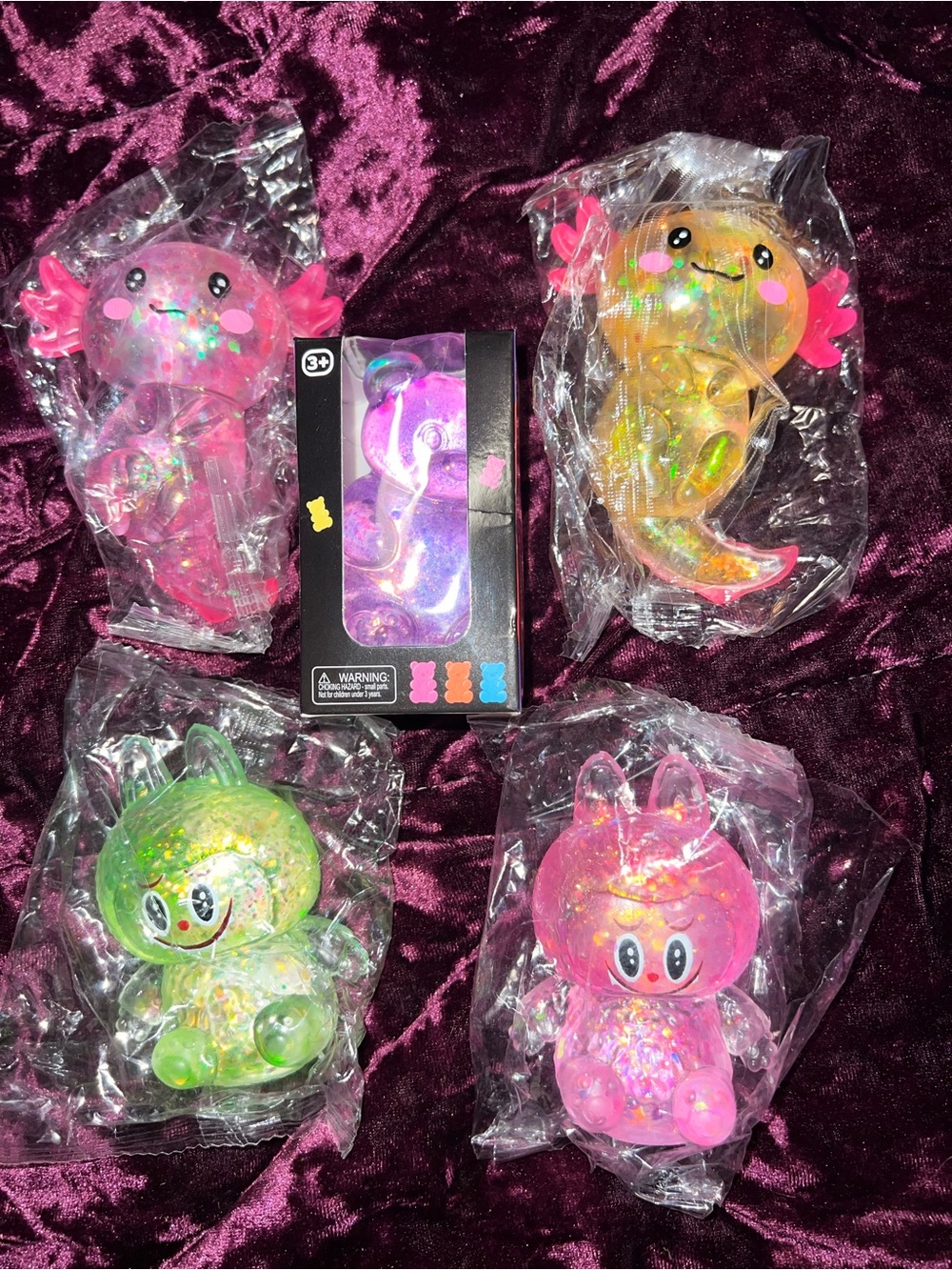 New 5pc Squishy Lot Axolotis, labubu's, gummy bear slow rebound stress relief